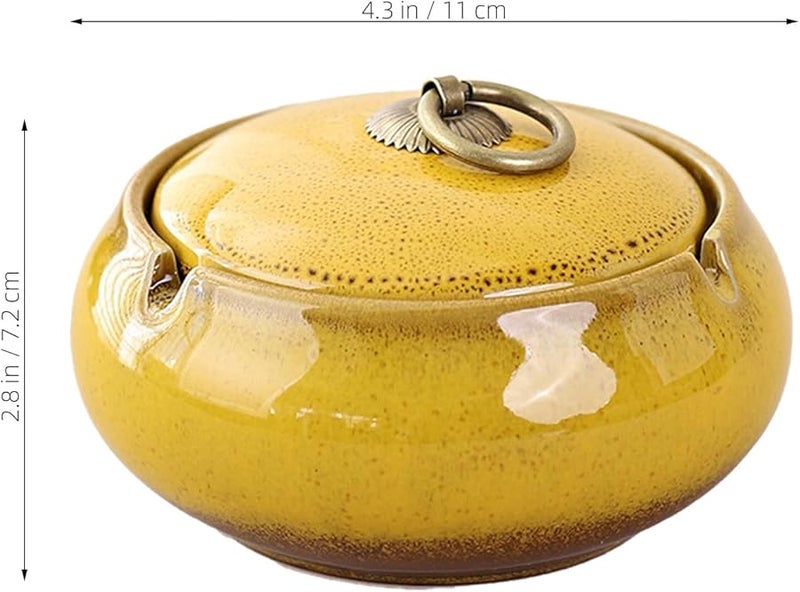 Yellow Ceramic Ashtray with Lid Windproof Portable Ash Tray for Indoor Outdoor Office Home Patio Decor - Image 3